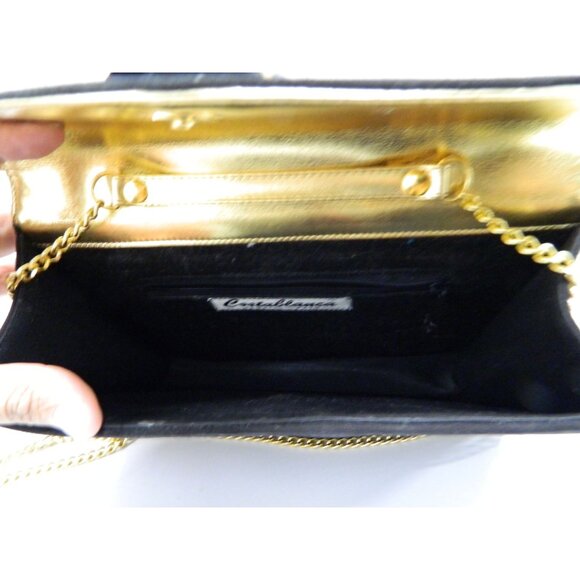 Vtg Costablanca Black Suede Envelope Clutch Gold Chain Strap Tiger Stripe Button - Picture 6 of 14